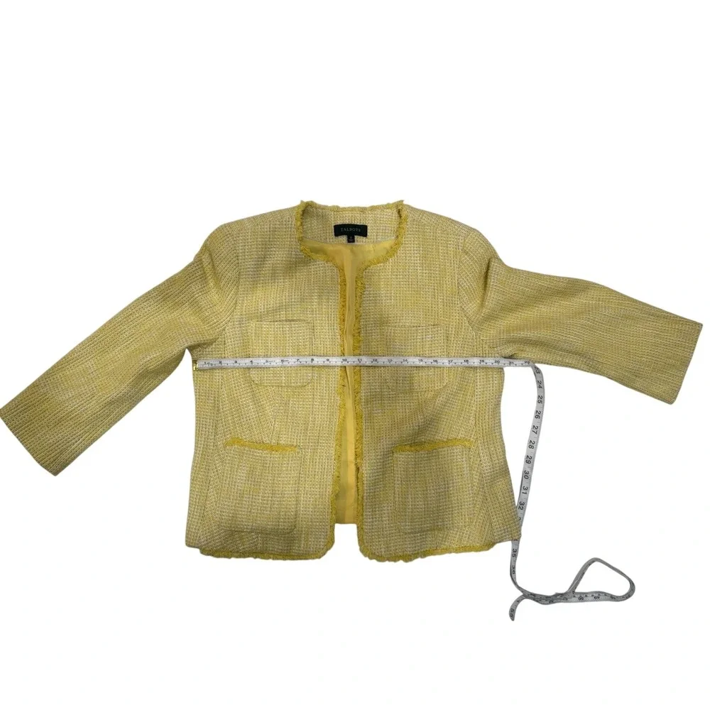 Talbots Womens Yellow White Tweed Fringe Trim Open Front Jacket Blazer Size 12